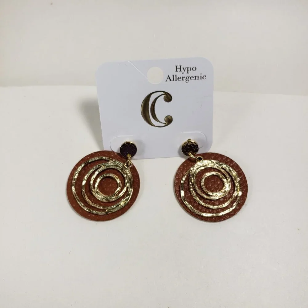 Stylish Gold Spiral Hoop & Brown Leather Drop Stud Earrings 4 Fashionable Women
